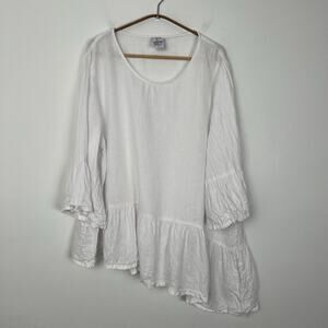 Match Point USA L 100% Linen Ruffle Hem Tunic Top White Asymmetrical Lag﻿enlook